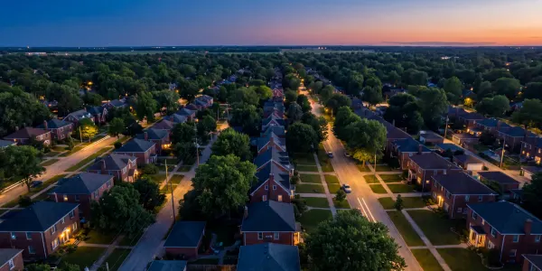 Aerial view of a Metro Detroit neighborhood at dusk